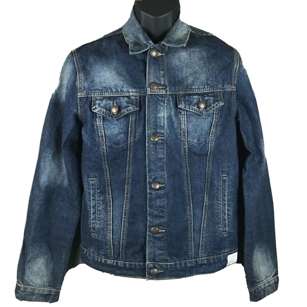 Adam Levine Blue Jean Denim Trucker Jacket‎ Size Small Maroon 5 Distressed Coat